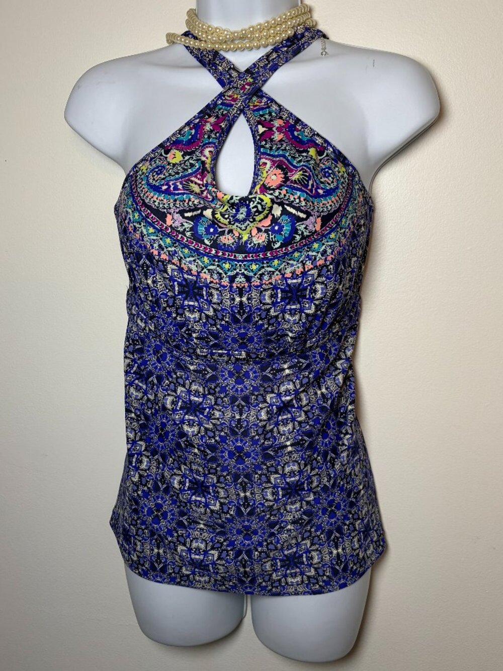 Athleta Psychedelic Paisley Keyhole Halter Tankini Top Blue 2017 40 B/C Boho